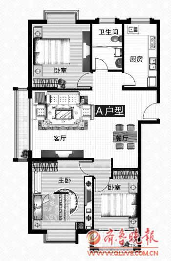 23平方米 ※三室兩廳一廚一衛 ※戶型方正,南北通透 ※全明設計佈局